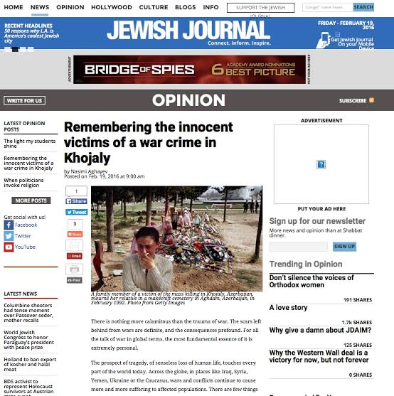 Xocalı soyqırımına dair məqalə ABŞ mətbuatında dərc olunub