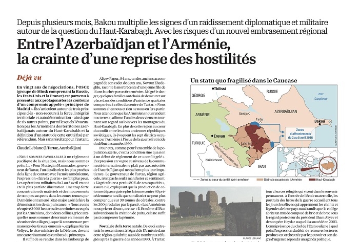 Fransa qəzeti Qarabağ münaqişəsindən yazdı