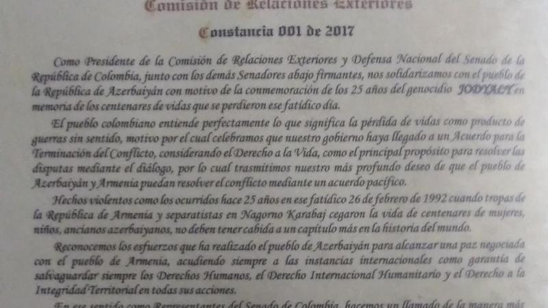 Kolumbiya senatından Xocalı soyqırımı ilə bağlı qərarnamə - FOTO