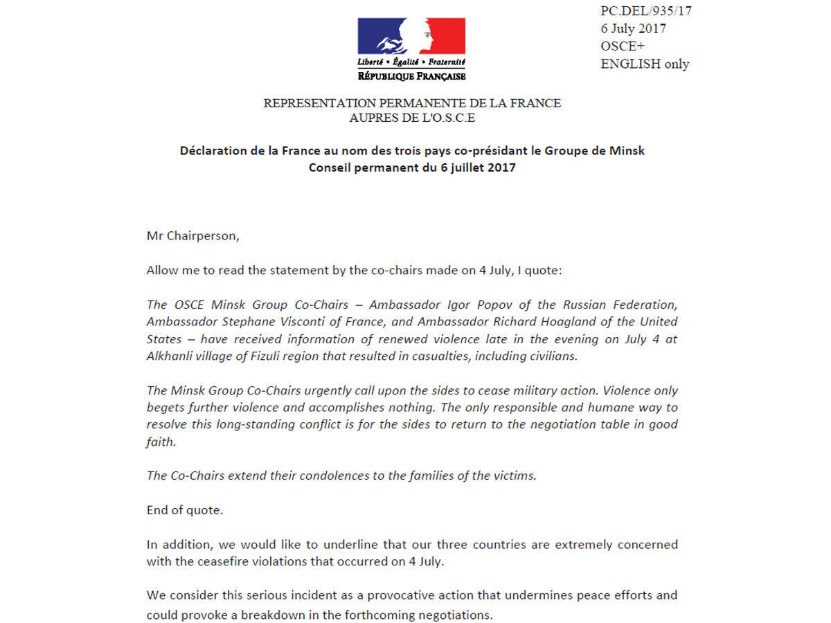 ERMƏNISTANIN AZƏRBAYCANIN ALXANLI KƏNDINI ATƏŞƏ TUTMASI TƏXRIBATDIR - MINSK QRUPUNUN 2-CI BƏYANATI - FOTO