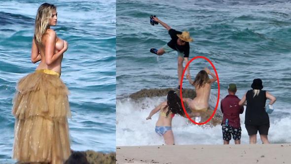 Yarıçılpaq şəkil çəkdirən model dənizə düşdü - FOTOLAR (18+)