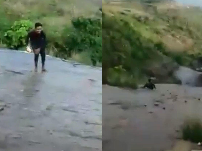 Selfi çəkdirmək istəyən oğlanın şəlalədən yıxılma anı - VİDEO