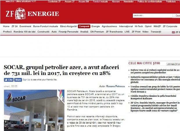 Nüfuzlu maliyyə qəzeti SOCAR-ın Rumıniyadakı şirkətinin inkişafından yazdı