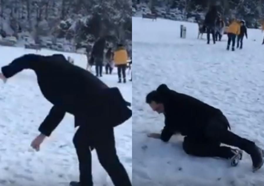 Elgiz qarda sürüşüb yıxıldı – Video