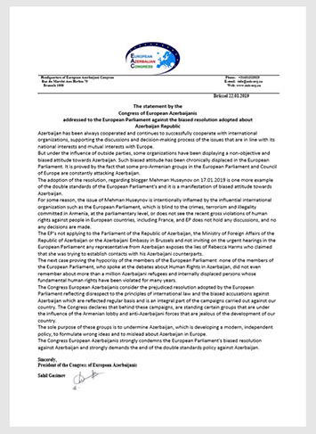 Avropa Azərbaycanlıları Konqresi bəyanat yayıb
