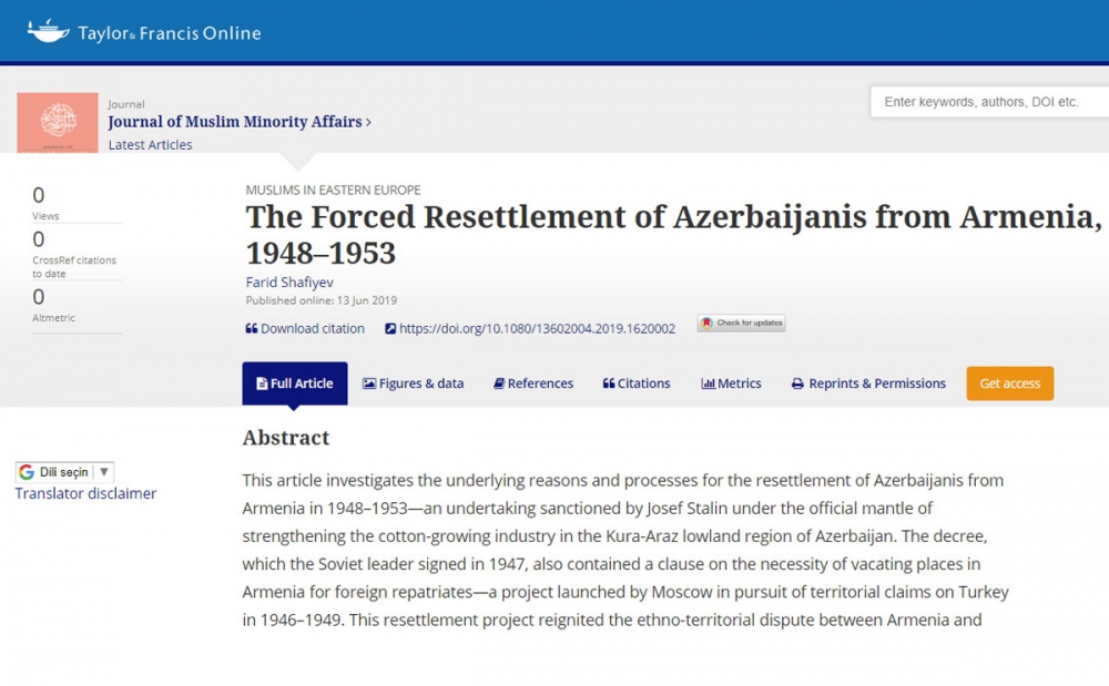Britaniya jurnalında “1948-1953-cü illərdə azərbaycanlıların Ermənistandan sürgün edilməsi” adlı məqalə dərc olunub
