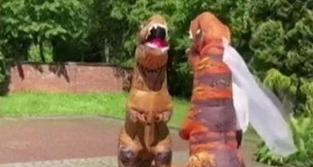 Bəy-gəlin toya dinozavr qiyafəsində gəldi - VİDEO
