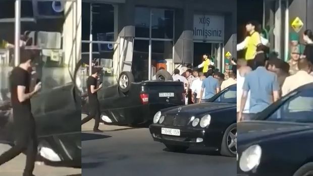 В Баку перевернулся автомобиль с пьяным водителем - ВИДЕО