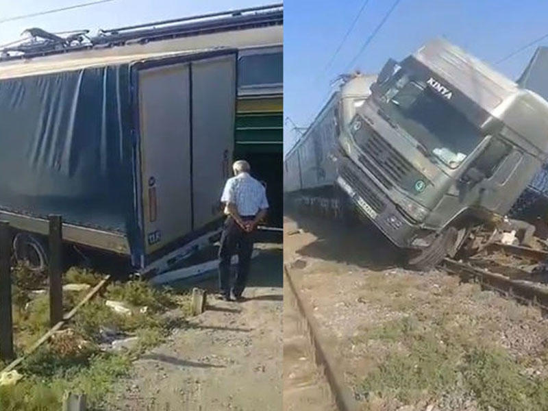 Sabirabadda qatarla yük maşını toqquşdu - Hadisə yerindən VİDEO