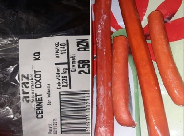 “Araz” marketdən vaxtı ötmüş kolbasa alan müştəri qəzəbləndi – FOTO