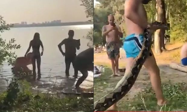 İnsanların gözü qarşısında pitonunu çayda çimdirdi – VİDEO