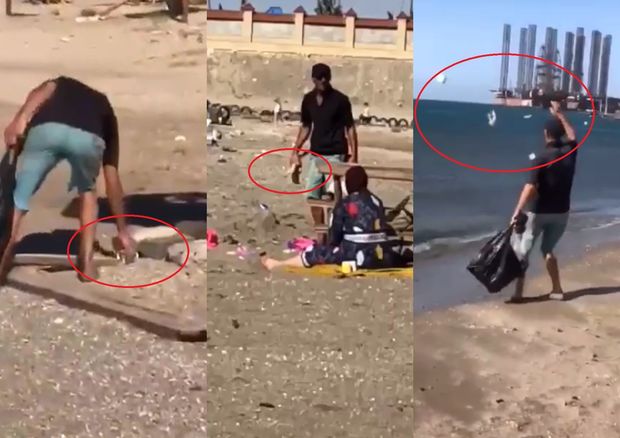 Bakıda sahildə “unikal təmizlik”: Kişi çimərlikdəki zibilləri toplayıb dənizə atdı - VİDEO