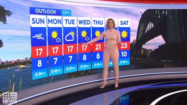 Hava proqnozunu aparan qadının geyim tərzi onun çılpaq olduğu təəssüratını yaratdı