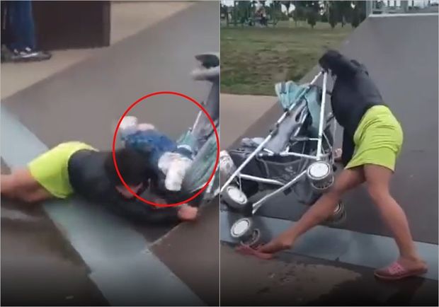 Tramplini uşaq arabası ilə “fəth etmək” istəyən qadın hər kəsi şoka saldı - VİDEO