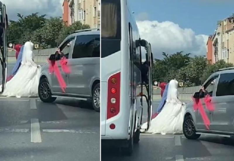 Bəy-gəlin və toy iştirakçıları avtomobilləri ilə yolu kəsib rəqs etdilər - VİDEO