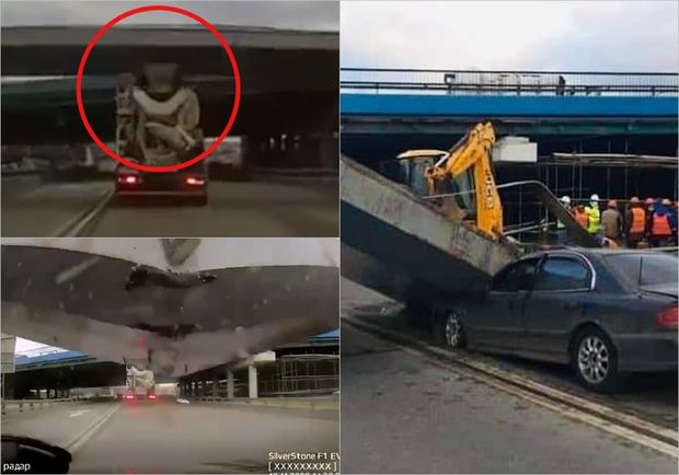 Betonqarışdıranın zədələdiyi körpünün maşının üstünə düşmə anı – VİDEO