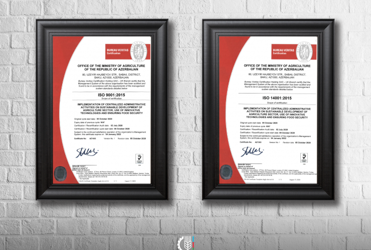 Kənd Təsərrüfatı Nazirliyi İSO 9001:2015 və İSO 14001:2015 beynəlxalq sertifikatlarını əldə edib