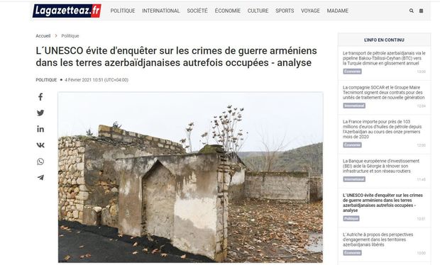 Fransa qəzeti: “UNESCO Ermənistanın törətdiyi müharibə cinayətlərini araşdırmaqdan imtina edir”