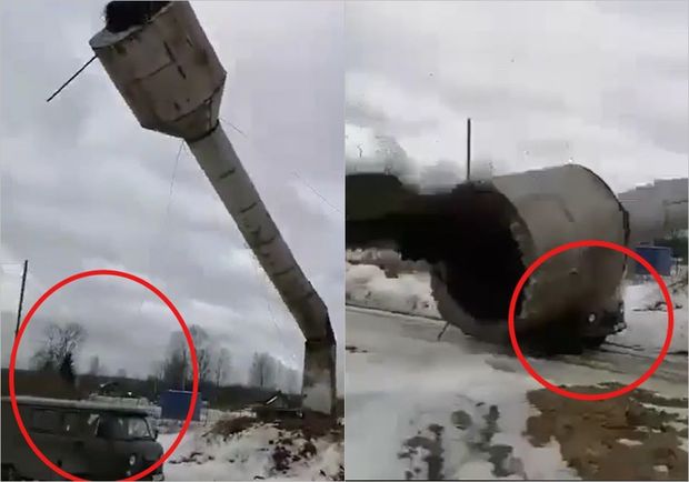 Su qülləsi onu təmir etməyə gələn fəhlələrin üstünə aşdı - VİDEO