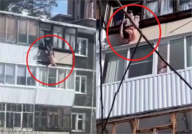 Eyvandan yıxılan kişini ayaqlarından tutub saxladı - VİDEO