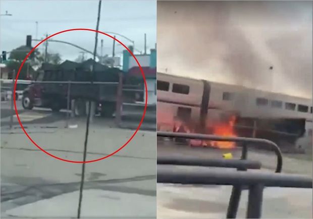 Dəmir yolunda ilişib qalan yük maşınının qatarla toqquşmadan sonrakı partlayış anı – ANBAAN VİDEO