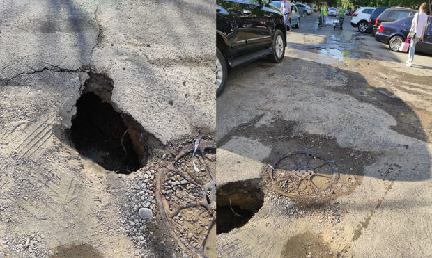 На дороге в центре Баку после ремонта вновь образовалась выбоина - ФОТО