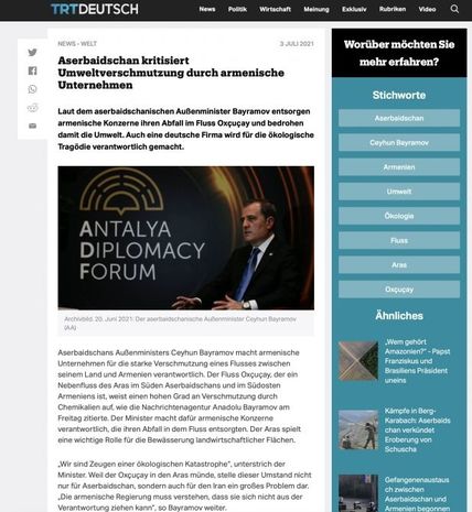“TRT Deutsch” Ermənistan şirkətlərinin Azərbaycan ərazilərini çirkləndirməsinə dair məqalə dərc edib