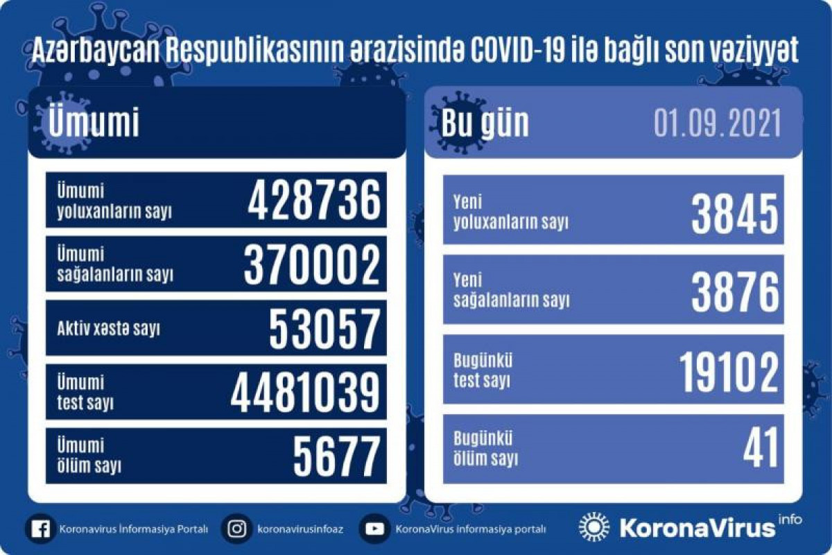 Azərbaycanda son sutkada 3876 nəfər COVID-19-dan sağalıb, 3845 nəfər yoluxub, 41 nəfər ölüb