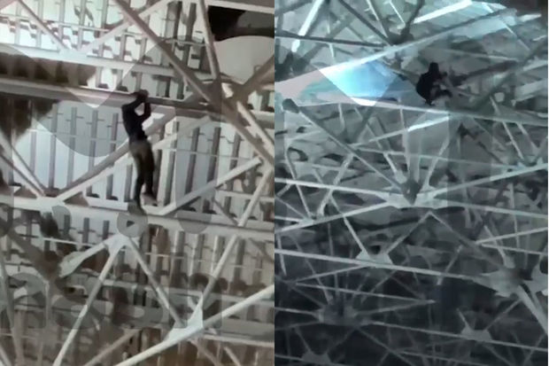 Ölkəsinə qayıda bilməyən turist aeroportun tavanına çıxıb həyatını təhlükəyə atdı - VİDEO