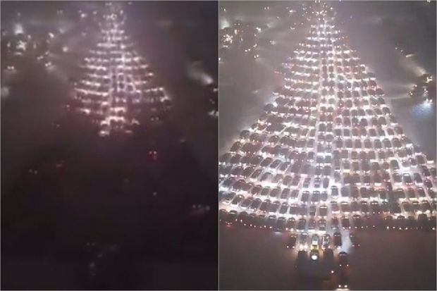 Новогодний флешмоб: в России из 465 автомобилей собрали елку - ВИДЕО