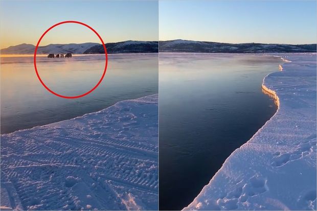 В России льдина с рыбаками и машинами оторвалась от берега - ВИДЕО