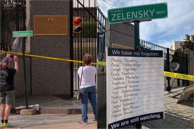 ABŞ-da Rusiya səfirliyinin yaxınlığında “Prezident Zelenskinin yolu” lövhəsi quraşdırılıb - FOTO/VİDEO