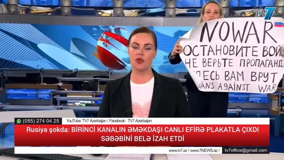 Rusiya şokda: BİRİNCİ KANALIN ƏMƏKDAŞI CANLI EFİRƏ PLAKATLA ÇIXDI, SƏBƏBİNİ BELƏ İZAH ETDİ - VİDEO
