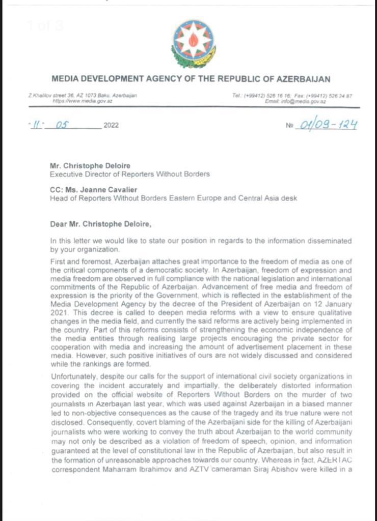 Azərbaycan Respublikasının Medianın İnkişafı Agentliyi “Sərhədsiz Reportyorlar” təşkilatına məktub ünvanlayıb