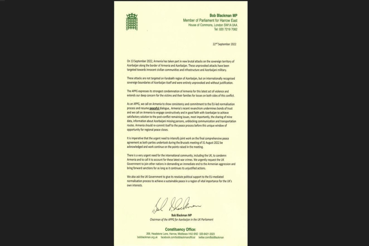 Azərbaycan-Böyük Britaniya Parlamentlərarası işçi qrupu Ermənsitanın hücumları ilə bağlı bəyanat yayıb