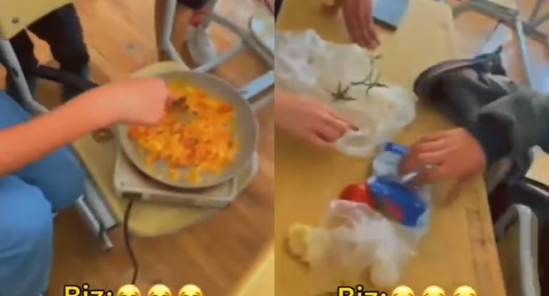 Bu dəfə də məktəblilər dərs otağında pomidor-yumurta bişirdilər - VİDEO