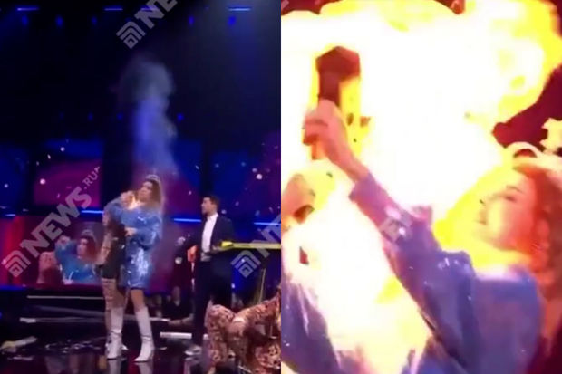 Belçikada aparıcı səhnədə alova büründü - VİDEO