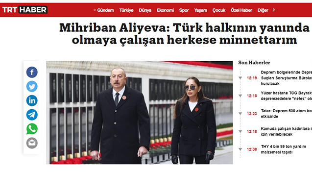 Mehriban Əliyevanın paylaşımı Türkiyə mediasının gündəmində
