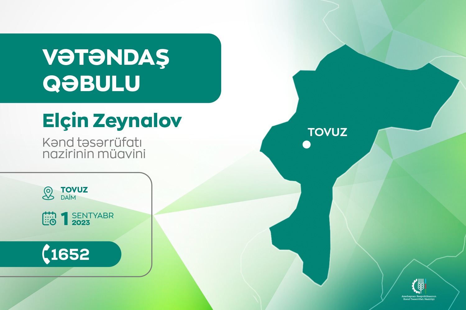 Kənd təsərrüfatı nazirinin müavini Elçin Zeynalov Tovuzda vətəndaşları qəbul edəcək