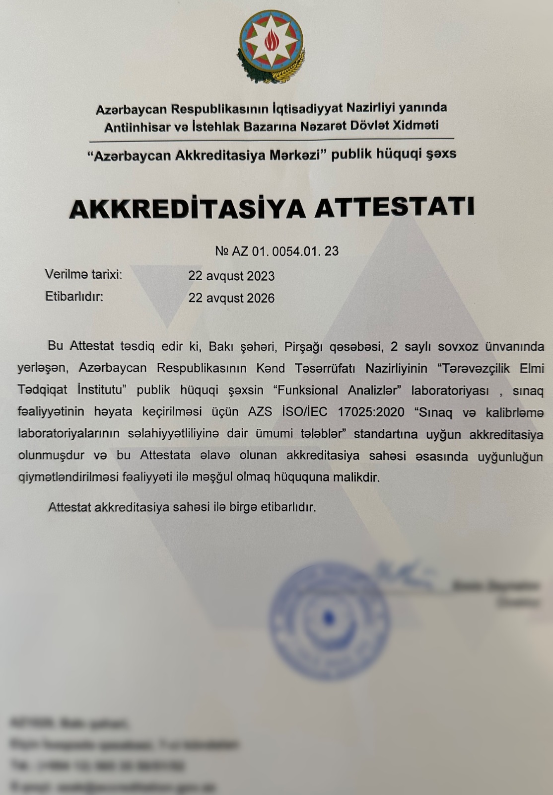 Tərəvəzçilik Elmi Tədqiqat İnstitutunun laboratoriyası akkreditasiyadan keçib