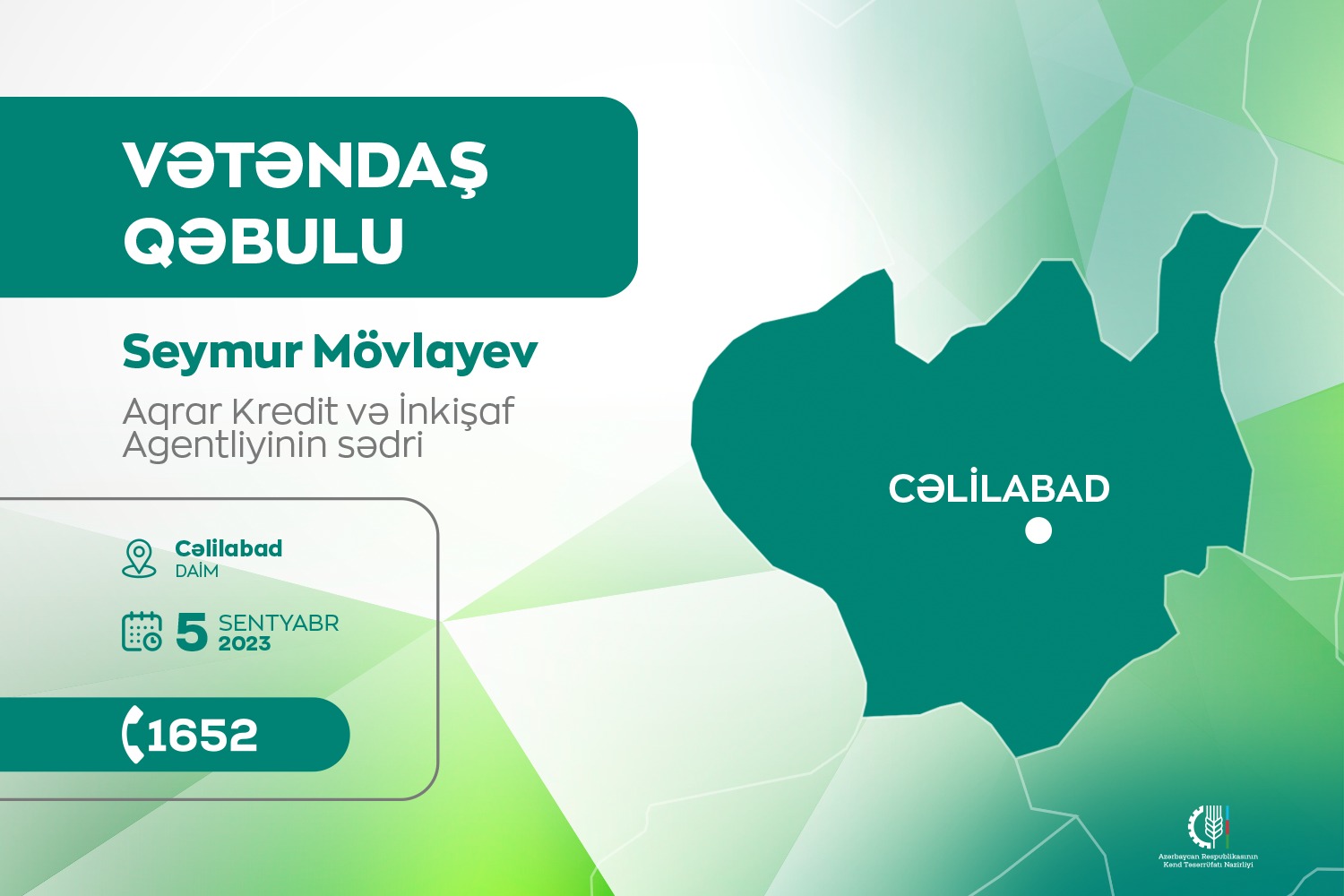 Aqrar Kredit və İnkişaf Agentliyinin sədri Seymur Mövlayev Cəlilabadda vətəndaşları qəbul edəcək