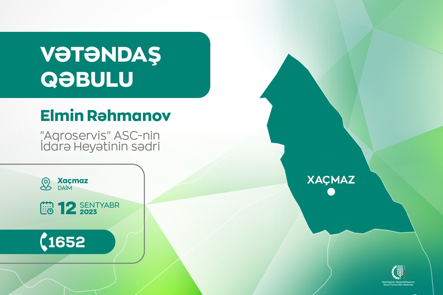 “Aqroservis” ASC-nin sədri Elmin Rəhmanov Xaçmazda vətəndaşları qəbul edəcək