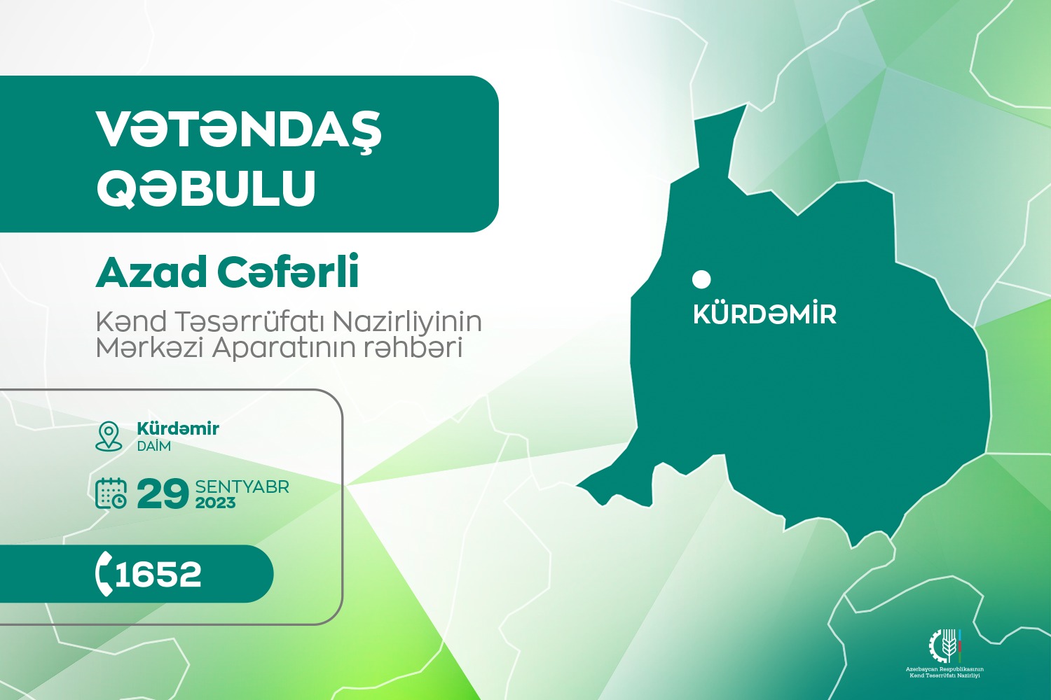 Kənd Təsərrüfatı Nazirliyinin aparat rəhbəri Azad Cəfərli Kürdəmirdə vətəndaşları qəbul edəcək