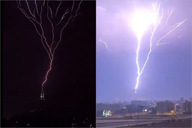 Gecə gündüzə çevrildi - Məkkədə ildırımın Saat Qülləsini vurmasının heyrətamiz görüntüləri - VİDEO