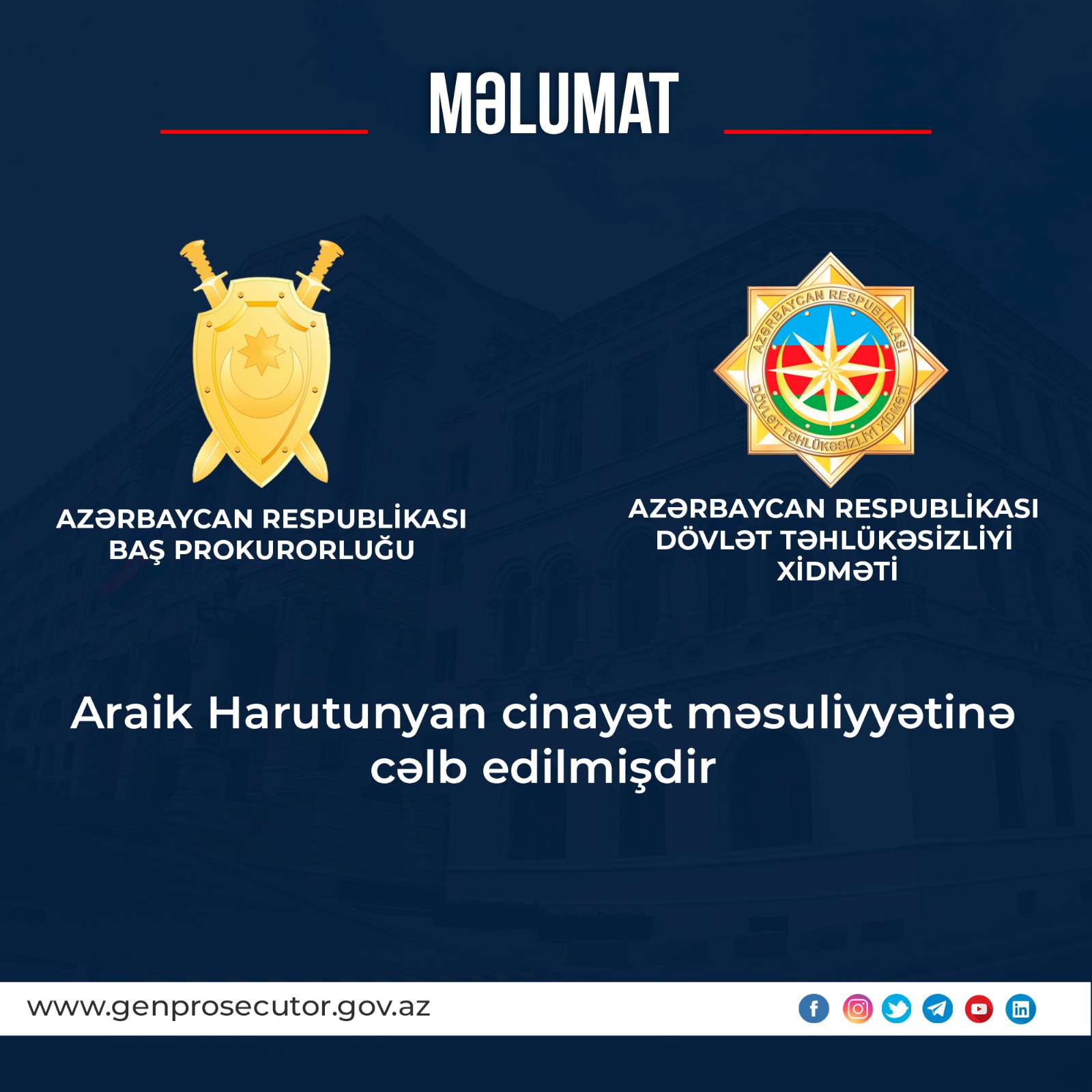 Arayik Harutyunyan cinayət məsuliyyətinə cəlb edildi - RƏSMİ