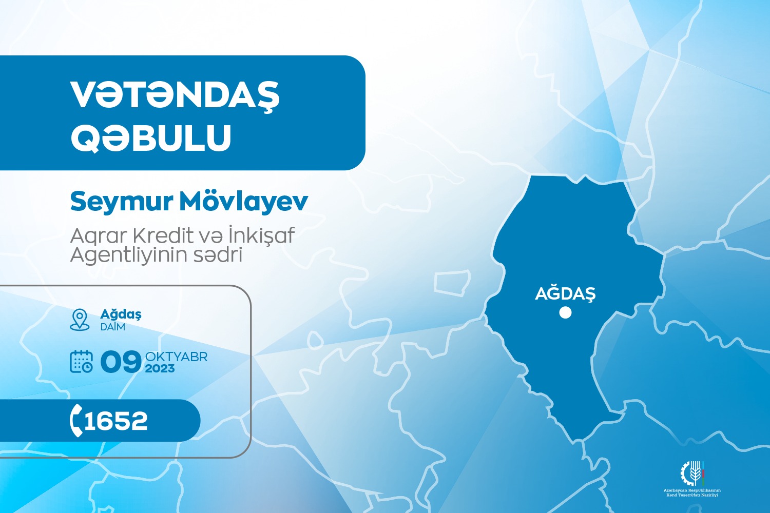 Aqrar Kredit və İnkişaf Agentliyinin sədri Seymur Mövlayev Ağdaşda vətəndaşları qəbul edəcək