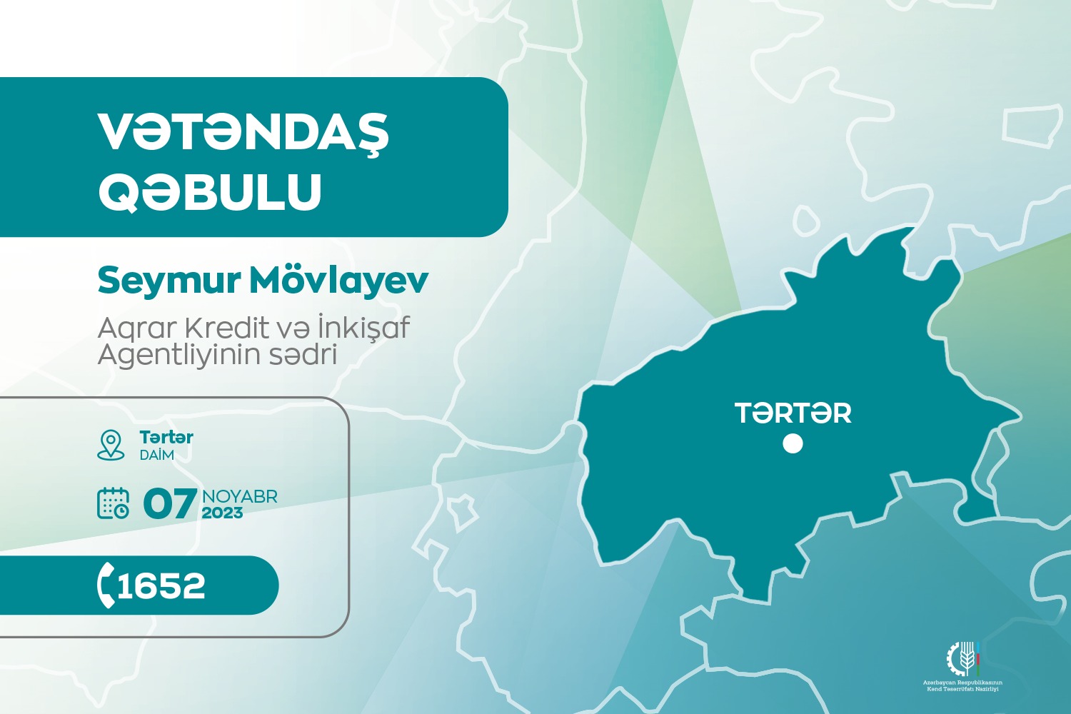 Aqrar Kredit və İnkişaf Agentliyinin sədri Seymur Mövlayev Tərtərdə vətəndaşları qəbul edəcək