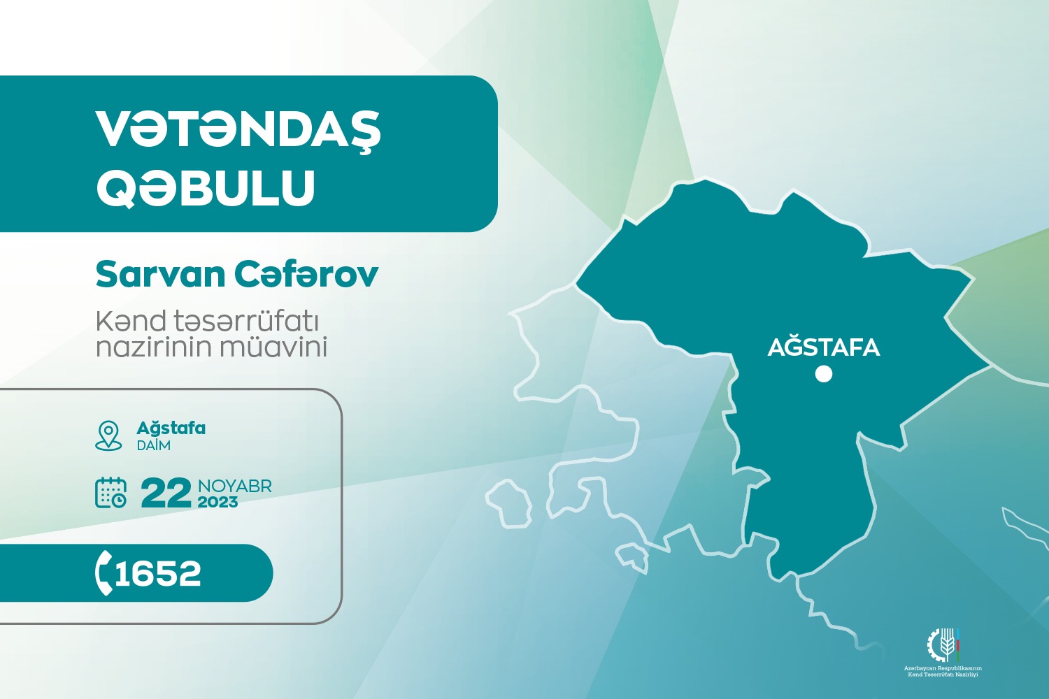 Kənd təsərrüfatı nazirinin müavini Sarvan Cəfərov Ağstafada vətəndaşları qəbul edəcək