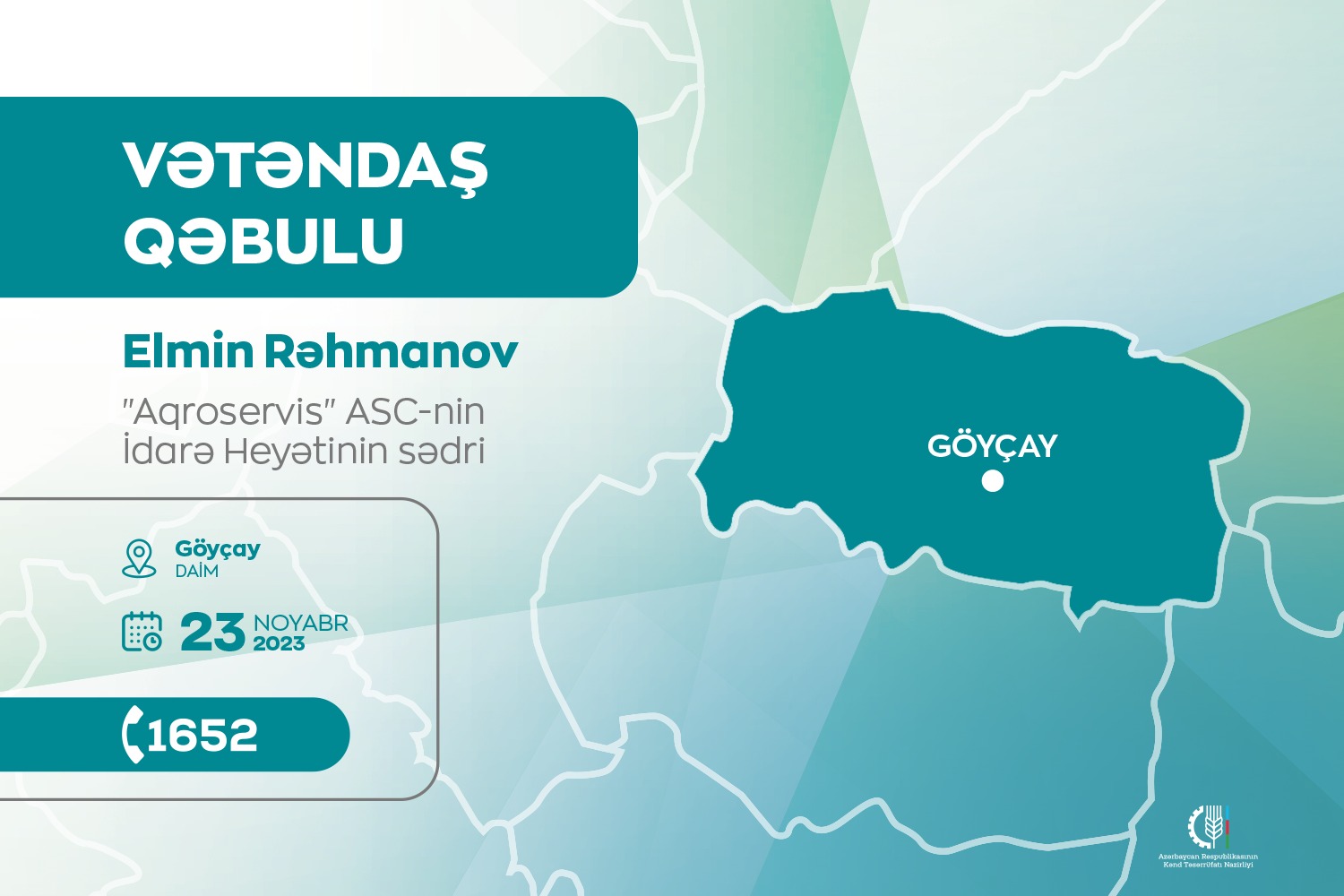 “Aqroservis” ASC-nin sədri Elmin Rəhmanov Göyçayda vətəndaşları qəbul edəcək