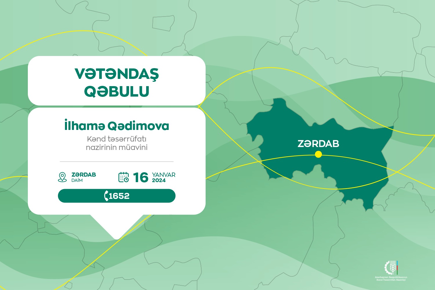 Kənd təsərrüfatı nazirinin müavini İlhamə Qədimova Zərdabda vətəndaşları qəbul edəcək